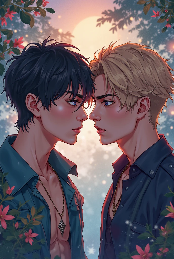 I want you to make me a man lying down with flowers under that he has his eyes open and the other one that is on the other side looking at him Both with their eyes open but that is in 2d but that is realistic and that only one is lying on the bed of flowers but a 2d and that is realistic one that is blond green eyes and the other black haired blue eyes that the flowers are red roses and the blond one that has a tattoo of wings on his collarbone that they look a little in love more realistic that they are looking at each other fixedly I want the one with black hair not to wear a shirt and the blond one yes but that is a white button down I want this photo the same only that the one with black hair with his eyes a little more open more realistic