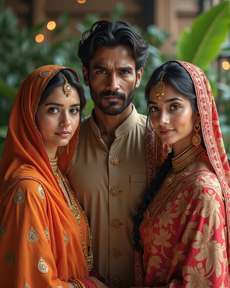two pakistani women with a pakistani man, man standing in middle wearing suit and has a well groomed beard and stylish hair and one woman standing on right with hijab and has pale white skin and second woman standing on left with a pakistani dress with no hijab has pale white skin, all smiling, picture taken by iphone pro 15 camera, all extremely beautiful,