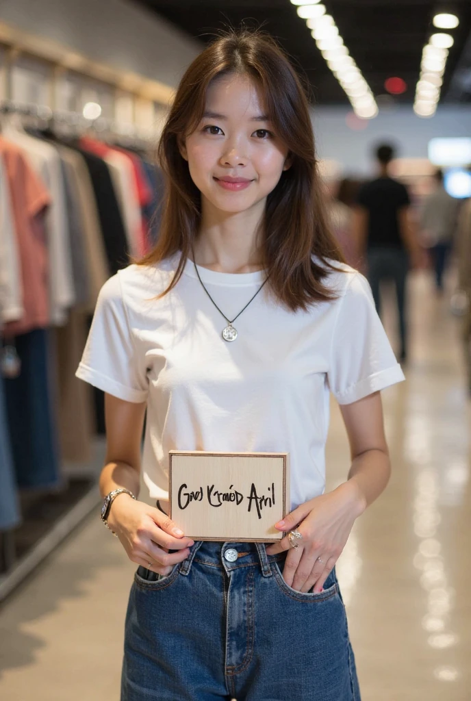 Doll woman with long light brown hair and yellow bow, skin fair, Grinning, brown eyes with a pink blouse with the word Day written on it and jeans holding colored papers in the right hand and small pink scissors in the left hand