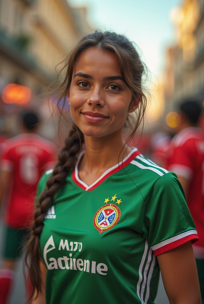 photography of stunning girl, in the city, enjoying, wear portuguese football croptop, Portuguese flag on face, girl, summer, hot girl, (((small bust))), brunette hair, long_hair, looks into the camera, symmetrical face, photorealistic, photography, spectacular lighting,, gorgeous, cleavage, western, (masterpice), best quality, high resolution, extremely detailed, skin with pores, blurred background, depth of field, cinematic lighting,wear portuguese football shirt
