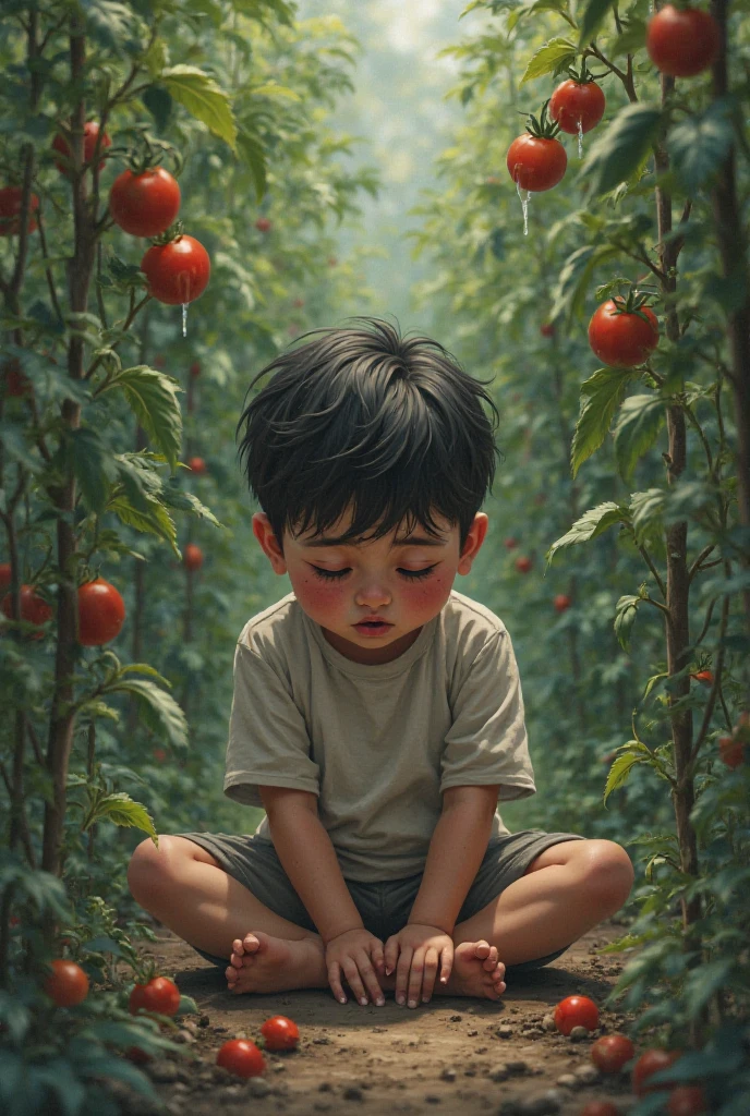 Ek chota child jisne red t-shirts and nikkar pehna h ji chair par betha h or uske face udasi h or wo apple kha rha h seen samne dayining table par fruir ki plate h or blub jal rha h
