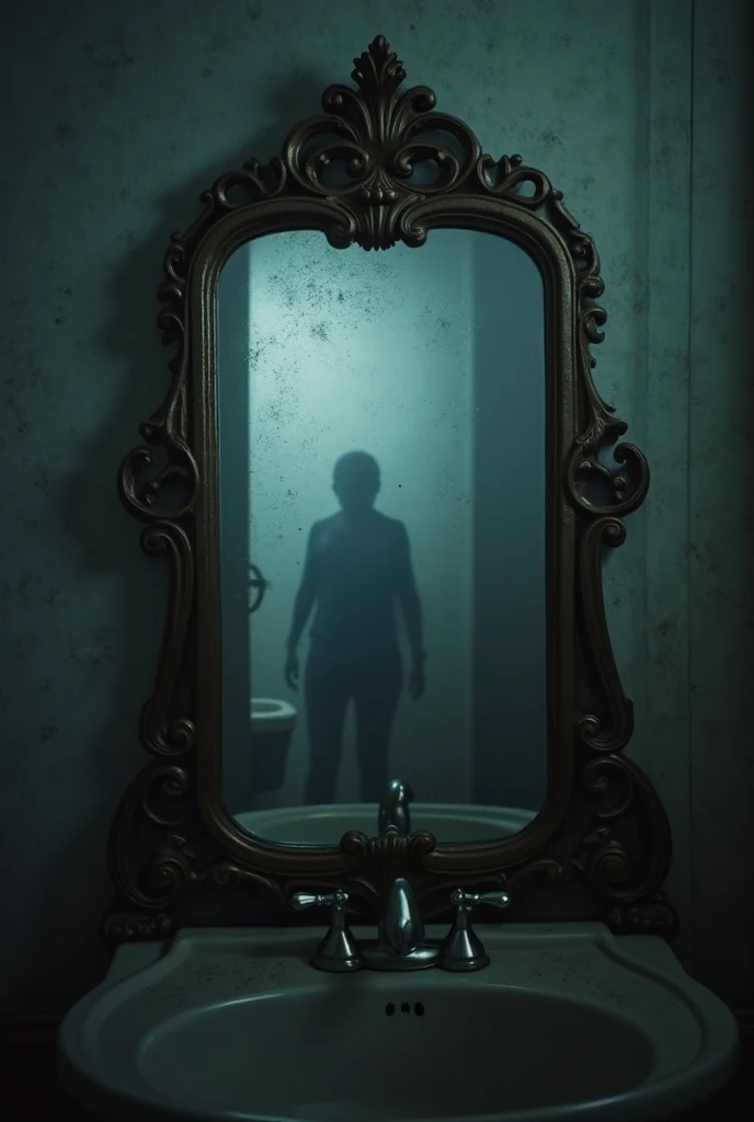 antique mirror, no how dark, with a blurred shadow reflected
