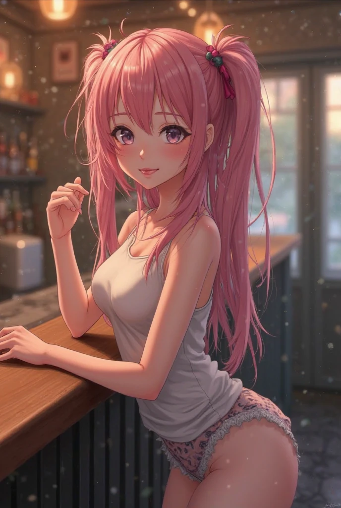 (masterpiece, highest quality, ultra high res, ultra detailed:1.3), 1 cute girl, pink medium hair, half twintail, small breast, black tank top, tank top covered nipples, red pleated mini skirt, white panties, (love juice, pussy juice, masturbating with her fingers:1.4), in cute room, ecstasy look, touching crotch by self,