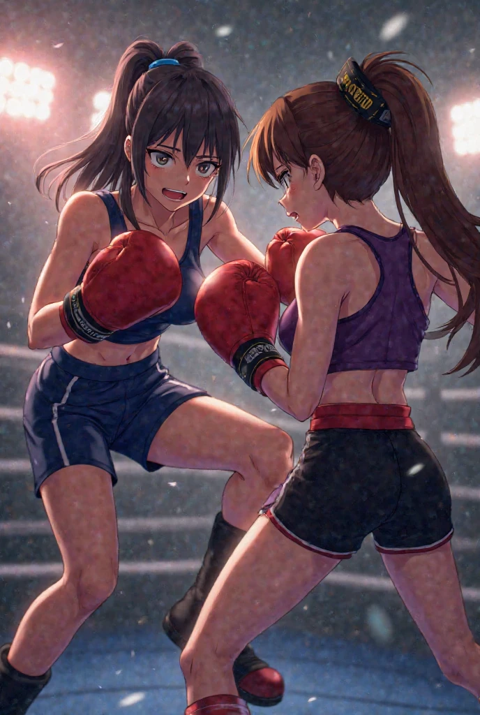 masterpiece、highest quality、High resolution、Very detailed、Medium wide shot、Girl、Tank top、Shorts、boxer、boxing、Fighting、boxingリング、V-shaped eyebrows、teeth、