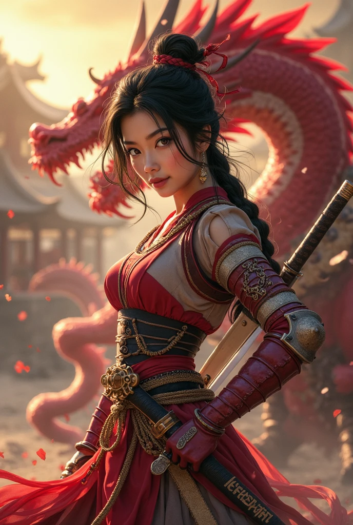 (masterpiece, best quality), ((Photorealistic)) beautiful Asian woman, (scene: side by side with a Chinese dragon in the old city), ((detailed fighting leather gear)), 25-year-old Asian woman with brown skin, perfect body, necklace, ((voluptuous curvaceous perfect body)), black wild hair, perfect face, beautiful face, alluring, gorgeous eyes, fierce, (background; ancient city of Peking)
