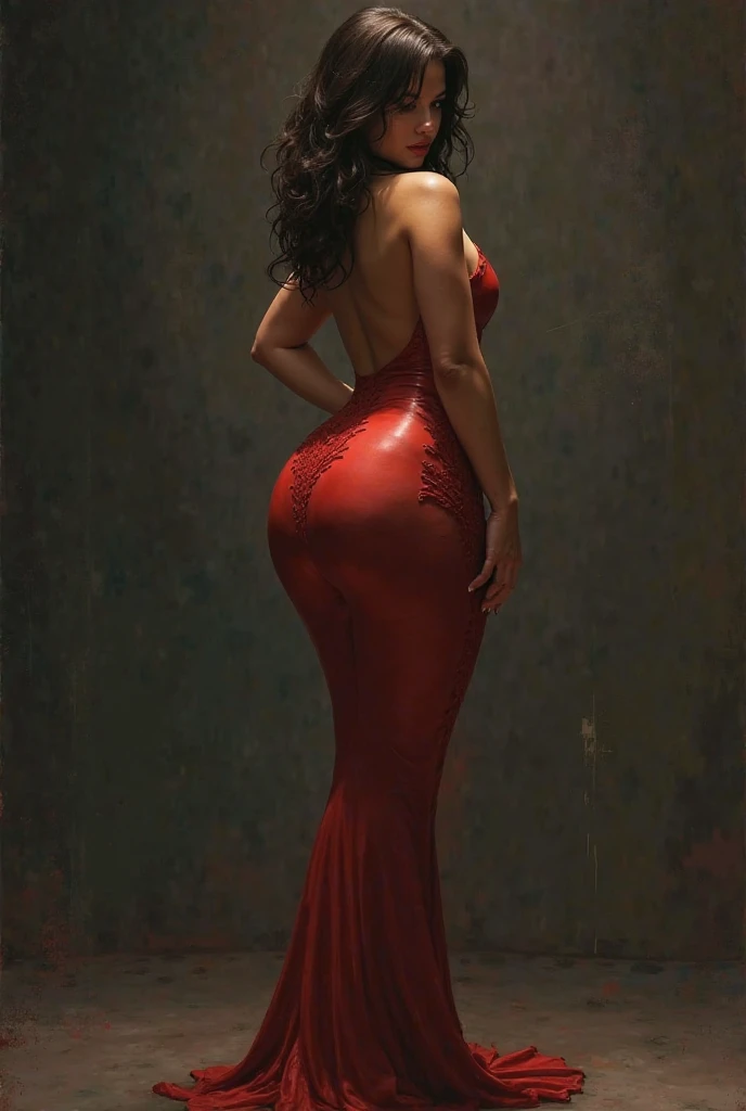 Single woman, only 1 woman, she is milf, hourglass body shape, an Indian aunty showing her beautiful rear ass, wearing a red , hourglass body shape, garment. Translucent dress, with puffy sleeves, side view, [perfect protruding ass], ass, huge ass, huge breasts, looking at me, (Perfecteyes_V1:0.6)