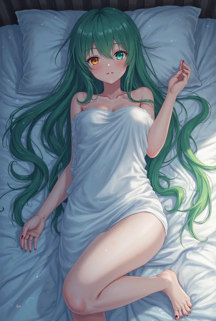 1 Girl, Medium Breasts, Half Orange Hair And Half Lime Green Hair, Split Hair Color, Two Hair Colors, Lime Green Eyes, Nice Eyes, Long Hair Style, Freckles, Nice Lips, Nice Nose, Pale White Skin, Smooth Skin, Uncaring, Sexy, Bitch, Long White Sundress, Sitting on Bed