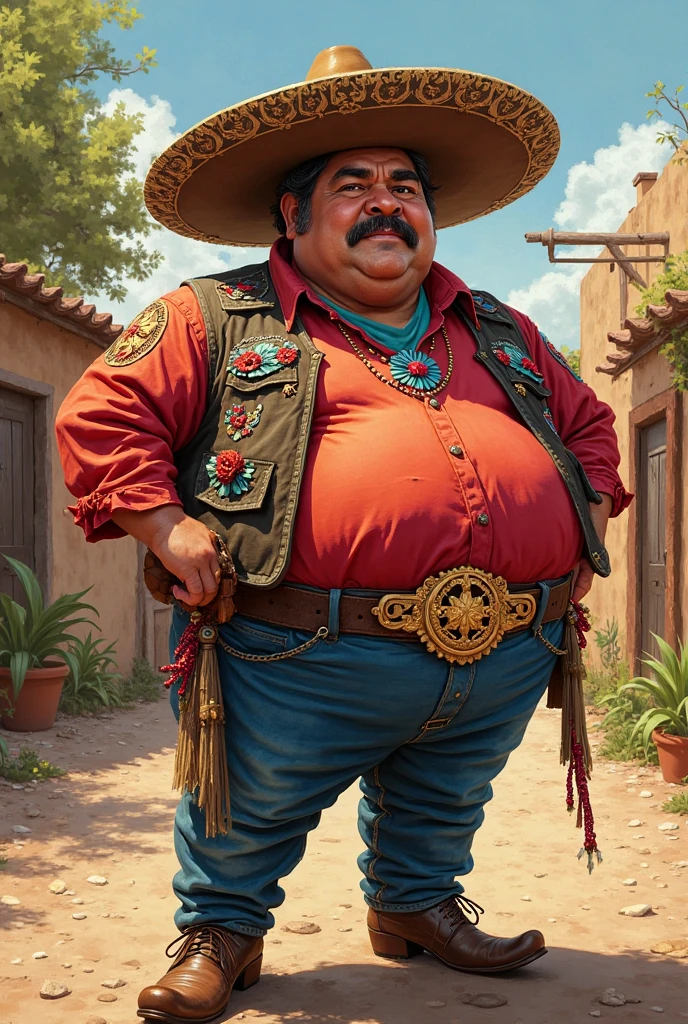 A superhero with Paraiba features with a rounder belly, black hair and a cowboy hat, the uniform must contain the name "captain i never"