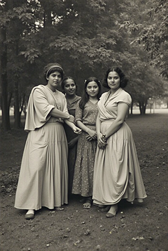 A group of Indian Kerala women,((1890s:1.3)), ((back view:1.3)),bare back, wearing underwear of that era in India, (lehnert and landrock photography:1.4), looking at camera,monochromatic, ((photorealistic:1.3)), curvy, smiling, anatomically correct, tall, long messy hair, outdoors