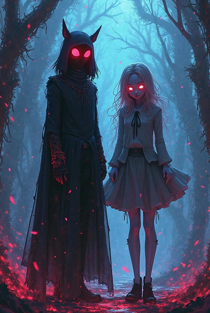creepy girl, (pink school uniform:1.4), spooky woods, lost in dark wood, (at night:1.2), monsters, glowing eyes, (flawless skin:1.2), DarkWoodsStyle