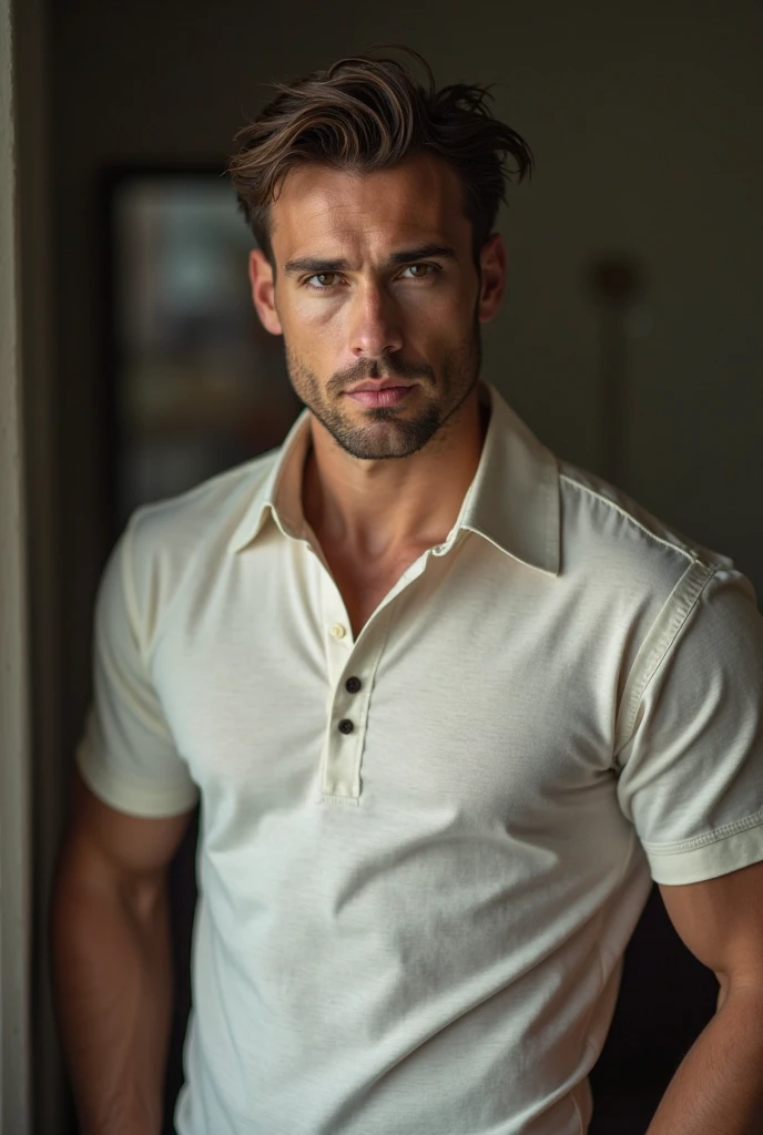 thin white man, caucasiano, western american, thirty years old, with brown hair below the ears, with a goatee, eyes browns, with sunglasses, similar to actor Tobey Maguire, dress with suit.