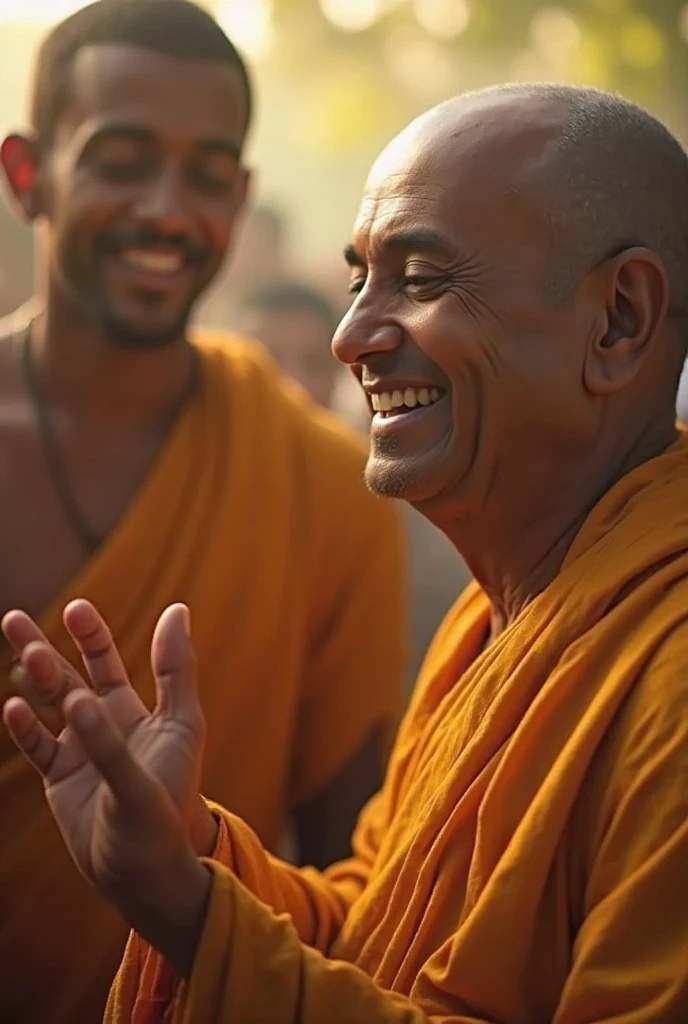 A Cambodian man laughs at a monk and a monk makes a sad face
