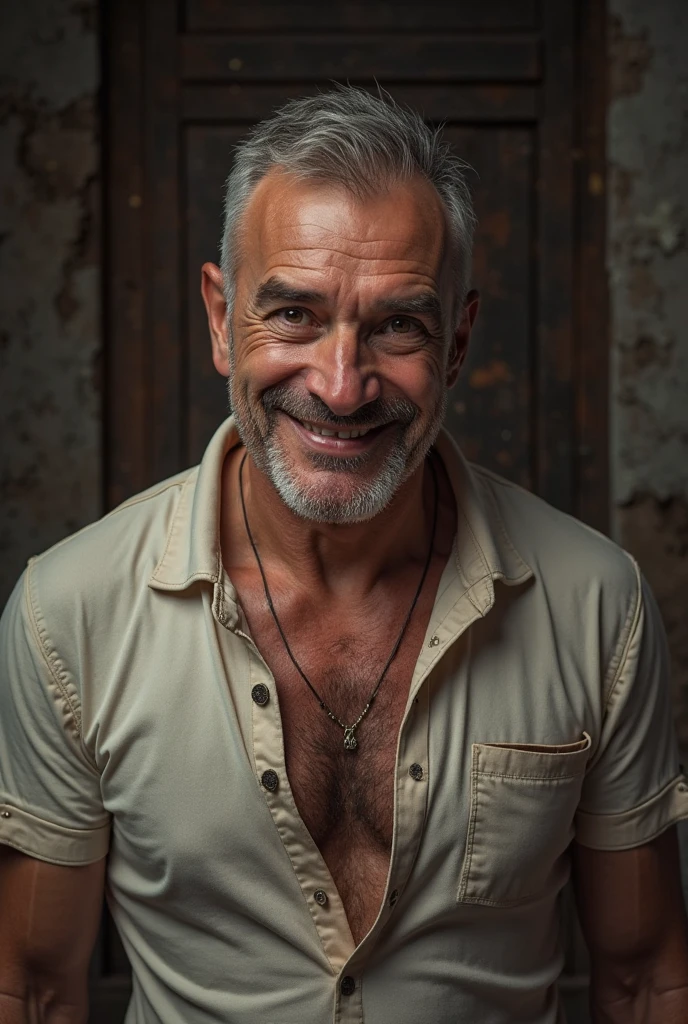 masterpiece, best quality, high resolution, closeup portrait, male focus, solo focus, A man, 40 years old, with construction worker uniform, unbuttoned work clothes, construction worker, silver grey hair, messy hairstyle, hairy armpit, cute and seductive face, bare chest, body hair, facial hair, roman nose, very skinny body, hairy legs, dimples, beard, bold jawline , in the background a construction site, two men love touch romantic, kneeling, two men passionately hug, sweaty, sunburnt, orange safety vest, attractive, view from below, amazing composition, front view, HDR, ultra quality, elegant, highly detailed