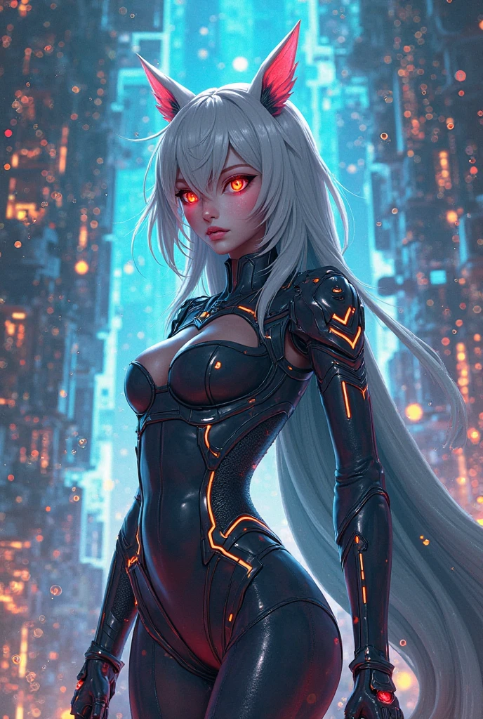 (sfw), intricate details, 1girl, dark ebony skin, night, (bright neon colors), ((flying over futuristic cyberpunk city)), detailed background, (petite cyborg girl, ((cute perfect face, bright glowing red eyes)), (perfect anatomy, perky breasts), (absurdly long gradient orange and white hair, hair blowing in the wind)), detailed ribbed impossible bodysuit, shoulder armor, cybernetic limbs, dynamic angle,