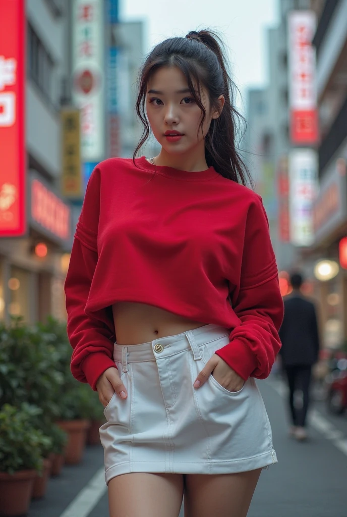 Best-quality, Masterpiece, Ultra-High-Resolution, (Photorealistic:1.4), Raw Photo, depth of field, professional lighting, perfect anatomy, extremely details, 1girl, Japanese idol, cowboy shot, extremely cute face, extremely beautiful and extremely big eyes, extremely beautiful short-cut-haired, extremely beautiful skins, realistic skin texture, extremely beautiful long-eyelashes, extremely beautiful lips, childish-body, upturned ass that wearing denim-shorts, extremely beautiful thighs, wearing red hoodie and denim-shorts, looking at viewer, innocent smile