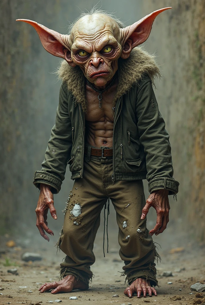 Create a monster that has three eyes, five ears, two legs, three arms, and that has a wooden staff and a skull and an Adidas cap on its head, and a Gucci outfit and a watch and gold chains.