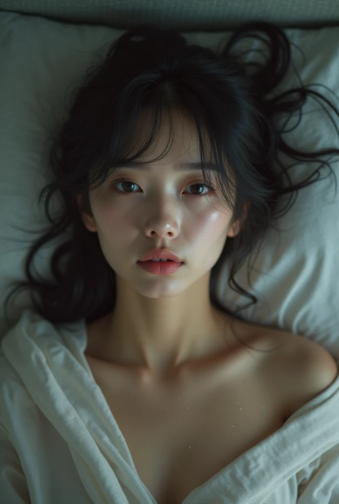 Overhead of a beautiful korean girl, 20 years old, lie down on white sheet, above view, long ash grey wavy hair, sexy pink moist lips, detailed beautiful face, detailed blue eyes, detailed skin texture, light make up, arm up, sexy body, small breasts. She's covering her body with a white transparent scarf, clearly see her body curve. Pleading eyes, slightly open mouth, looking at the viewer. The sheet is white, night time, very dark room, High contrast, ultra sharp focus, arms up, small breasts. Side windows lighting, evening time