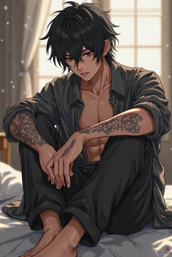 Boy, flowing black hair short, sharp, shaggy features, Wheaty skin ,anime , Bare chest muscles, black pants