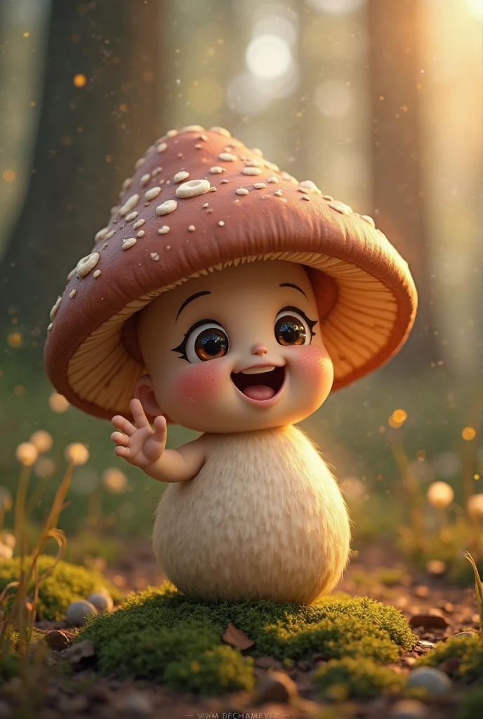 A Magic mushroom as cute baby in realistic in 4k quality