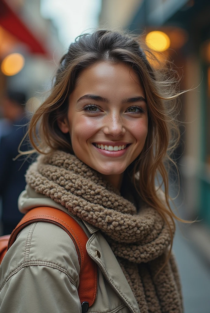 raw photo, realistic photo of a 20yo skandinavian woman, brown curly messy hair, ponytail, shopping street, after rain, smiling, blue sweater, highly detailed, perfect face, 64k, photorealistic, <lora:add_detail:0.7>