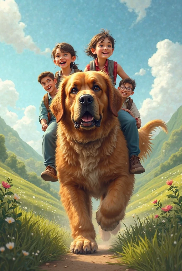 Golden Retriever junto com seus cinco filhotes, desenho, livro infantil