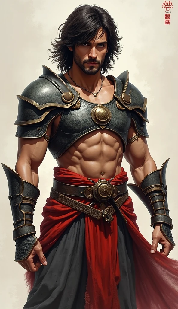 (masterpiece:1.2, best quality:1.2, extremely delicate:1.2), ((male:1.5)), a man with spiky short orange-red hair, side-parted bangs, a calm gaze, a faint smile, a mature and handsome face, dark skin, a tall and muscular build, a bare upper body, several strips of leather armor wrapped around his left shoulder and chest, wrist guards, loose beige cargo pants, standing in a massive circular arena, this character embodies a finely crafted fantasy-realist style gladiator in anime style, exquisite and mature manga art style, dramatic, high definition, highres, ultra-detailed, ultra-fine painting, professional, perfect body proportions, golden ratio, anatomically correct, symmetrical face, extremely detailed eyes and face, high quality eyes, creativity, RAW photo, UHD, 32k, Natural light, cinematic lighting, (masterpiece-anatomy-perfect:1.2)