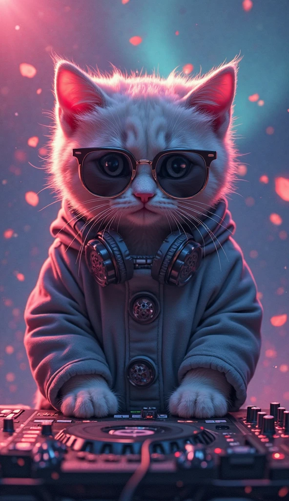 Best mobile wallpaper, Award winning wallpaper, Portrait photography, Front view is a portrait of a cute grey furred cat wearing 80s clothes, Side view shot, Taken with Canon EOS R5, Establishing a stark contrast that accentuates the subject, Fluorescent pink and lavender hue, Wearing a white t-shirt with trendy punk rock logo and sunglasses is a cool 80s style, Clothes all in a single light pink color, Beautiful background