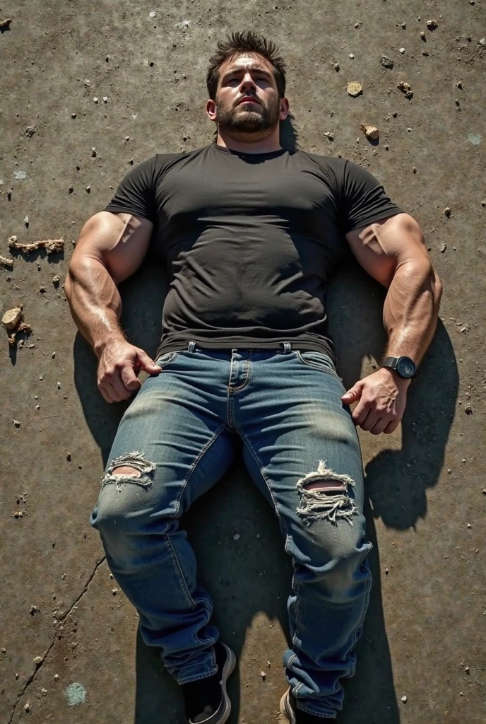 A soldier who is panting (very muscly) and showing chest and abdomen and with injuries sitting on a bed