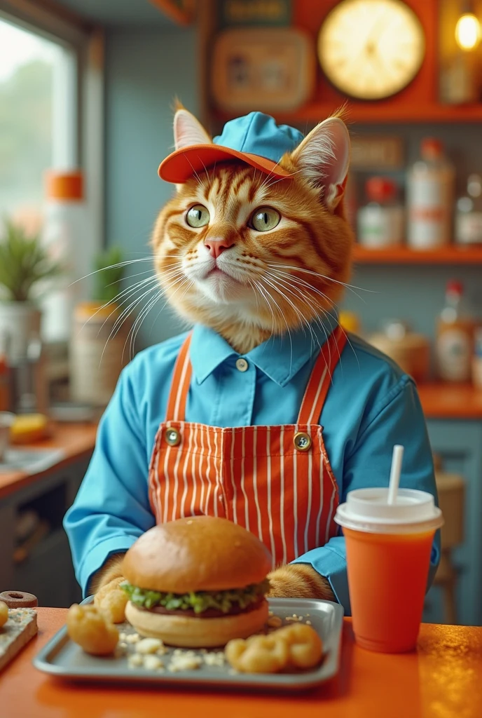 80s burger shop, pop, orange cats, blue outfit, sun visor and uniform, cat shop assistant, face up, burger on a tray, drink and potato set