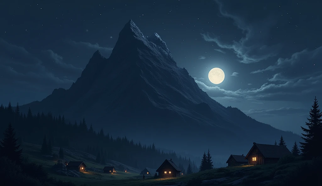 Masterpiece, best quality, night, hills, clouds, full moon, simple, quadratic