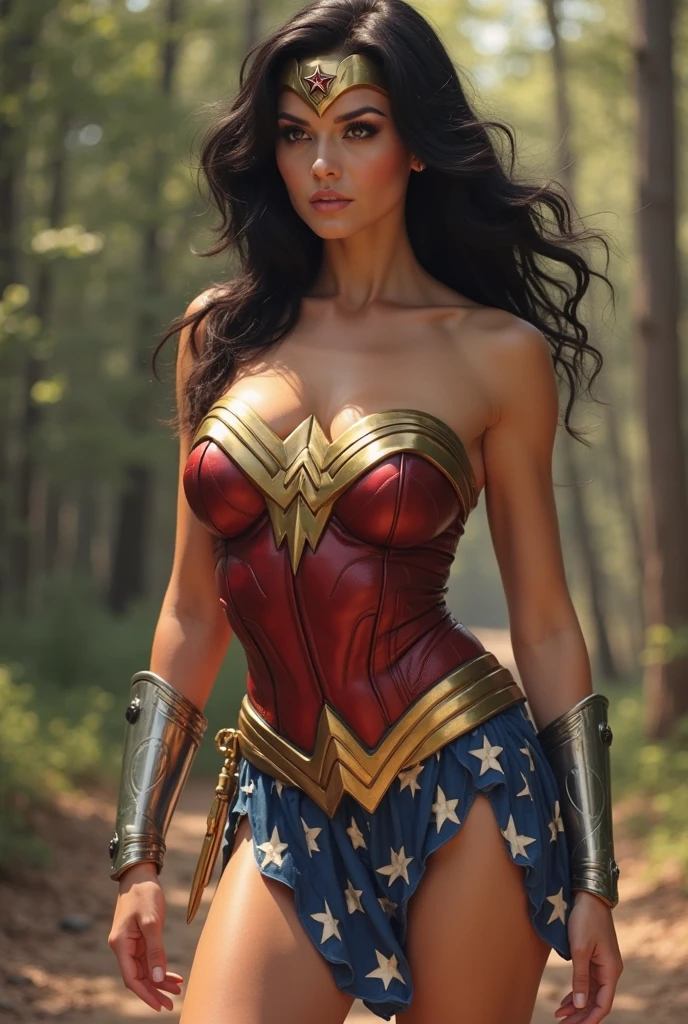 A toned athlete, muscular, blue eyes, black hair Wonder Woman in Wonder Woman’s tiara, red and gold bustier, blue leotard with white stars, ((silver wrist bracelets:1.2)), ((Red knee high boots:1.2)), golden belt with athletic and muscular body standing with hands on hips, fat muscular bald man wearing grey suits laying on the ground unconscious covered in blood with tattered costumes. (perfect anatomy), (masterpiece:1.2), (best quality:1.2), intricate details, Muted Tone, Delicate, Detail, sharp focus, perfect hands, perfect face, perfect eyes, perfect light, dynamic light, natural light