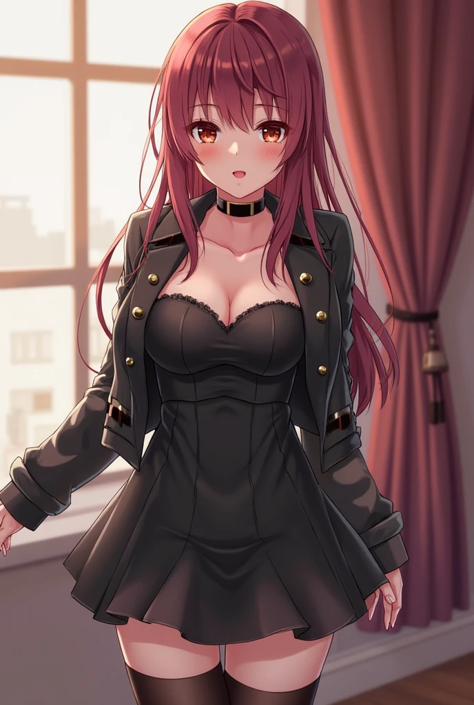 ((masterpiece, best quality, ultra-detailed)), 1girl, beautiful business woman standing in city alley, smiling, blush, wearing pink blouse and blazer, bracelet, necklace, black midi pencil skirt, long black skirt, heels, full body, wavy red hair, wide hips, hand on hip