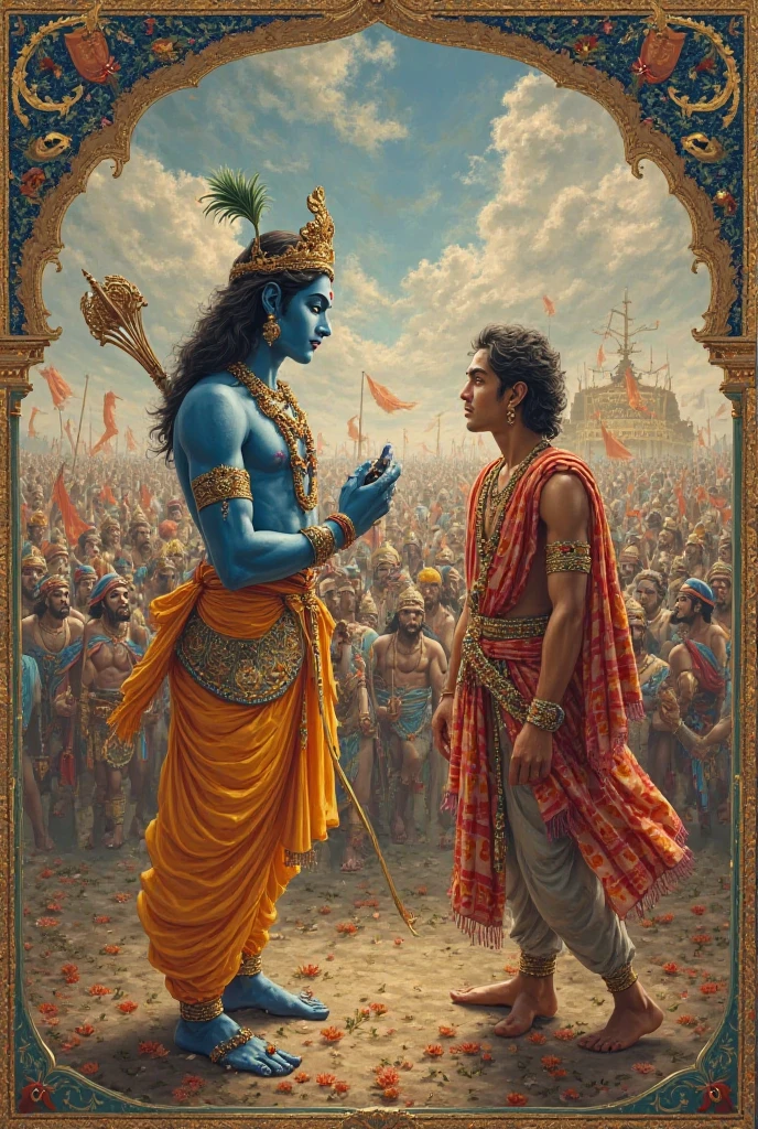 Lord Krishna Kalki preaching Geeta to Bhairava in 2898 AD with modern equipment flying all around from the ground to the sky.