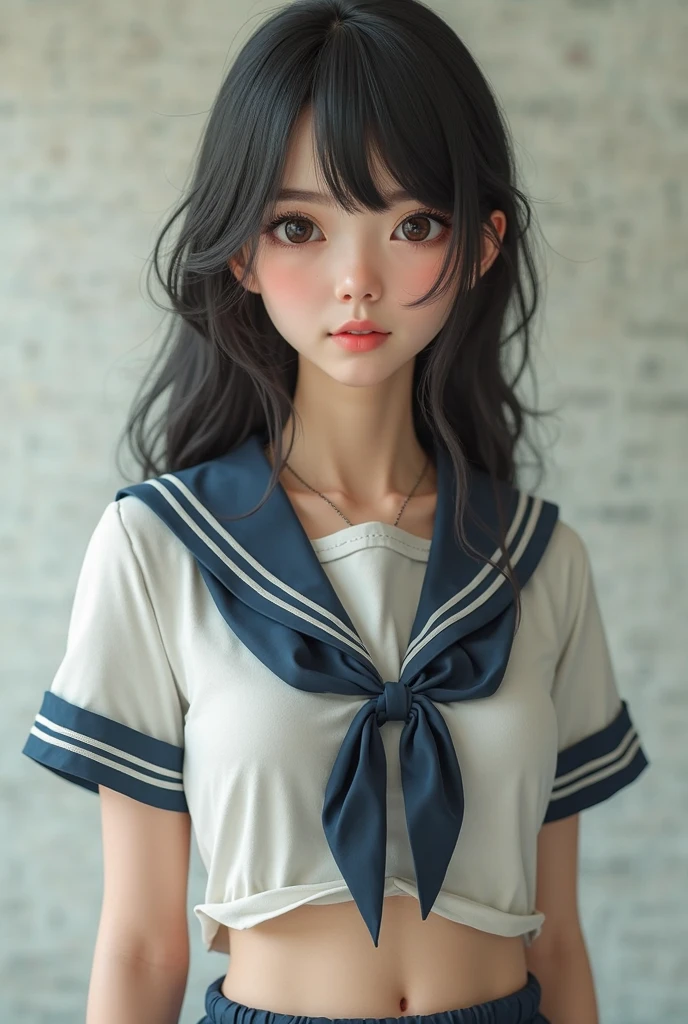 absurdres, (masterpiece, best quality), (ultra-detailed), extremely detailed,super high resolution, (Top Quality photorealistic Illustration), (Super Definition), (best quality,masterpiece:1.0),(cute illustration:1.3), (high Saturation:1.2), highres, ultra-detailed, 32k,8k resolution, intricate details, cinematic scene, detailed background, Soar (High chroma),(Sparkling),bathroom, BREAK (1 girl)  (kawaii:1.6), (cute:1.6), Beautiful and delicate eyes, Delicate and beautiful face, Facial accents, Perfect figure,(sailor uniform lift:1.6), (show off nipples:1.6), (exposing bare breasts:1.3), (exposed chest:1.3), (very small breasts:1.8),Uniforms、bright expression、poneyTail、Young shiny shiny white shiny skin、Best Looks、Natural black hair with dazzling highlights、shiny light hair,、short silky straight hair、Beautiful bangs that shine、Double eyelids、eye liner、Glowing crystal clear attractive big brown eyes、Very beautiful nice cute 14 year old Nordic girl、