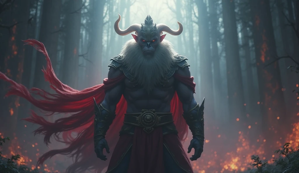 Chinese mythology character, Black myth Wukong, human face, detailed eyes, grey brown beard, body covered with grey brown fur, human ears, crouching on a pedestal, holding a long, ornate staff in one hand. He has fur-covered body, golden hair and a fierce, determined expression. he wears a mix of armor and tattered cloth, with a red cape billowing behind him. The background is misty and atmospheric, with clouds and smoke swirling around, giving the scene a mystical, otherworldly feel. The color palette should inc