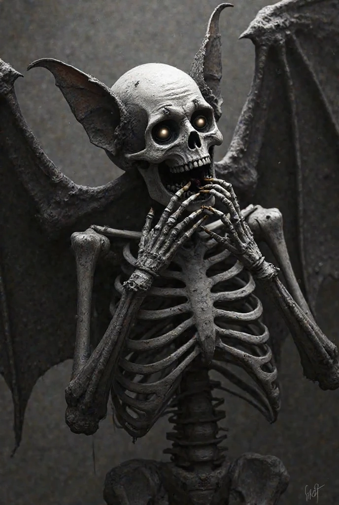 Dry skeletal body with deep eyes,decayed bat wings on his back,with his mouth open and crooked screaming 