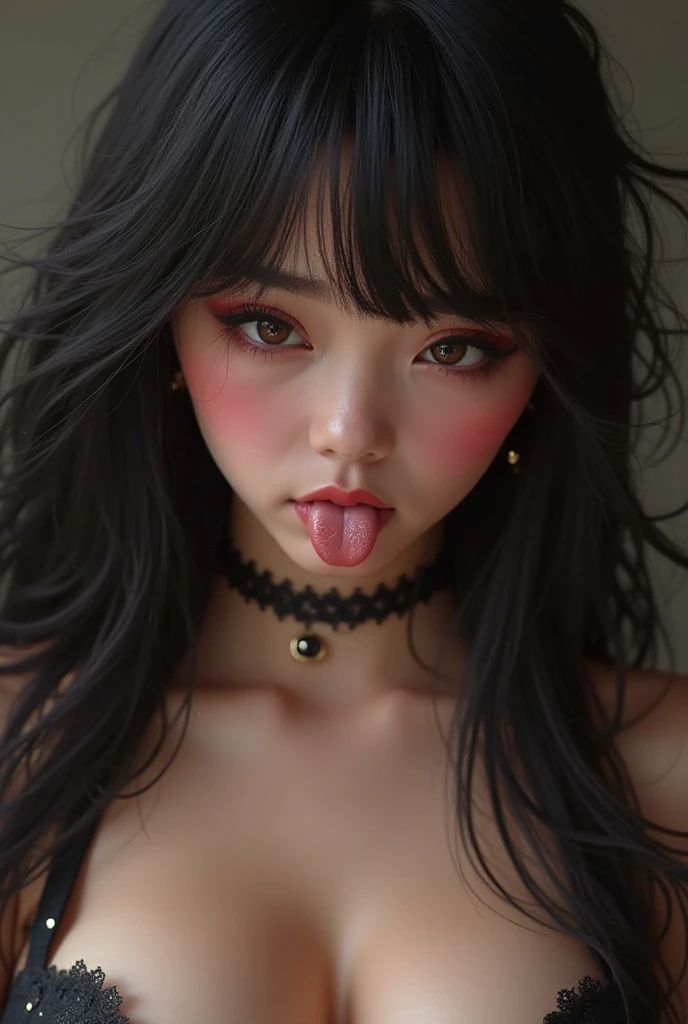 Emery Ratajkowski,rolling eyes, tongue out, long tongue, drooling, ahegao, retina, textured skin, anatomically correct, high details, high quality, ((Dark Eyes,black eye)),Very beautiful face and eyes, Big eyes, 1 female、Real skin type,Pores are visible,