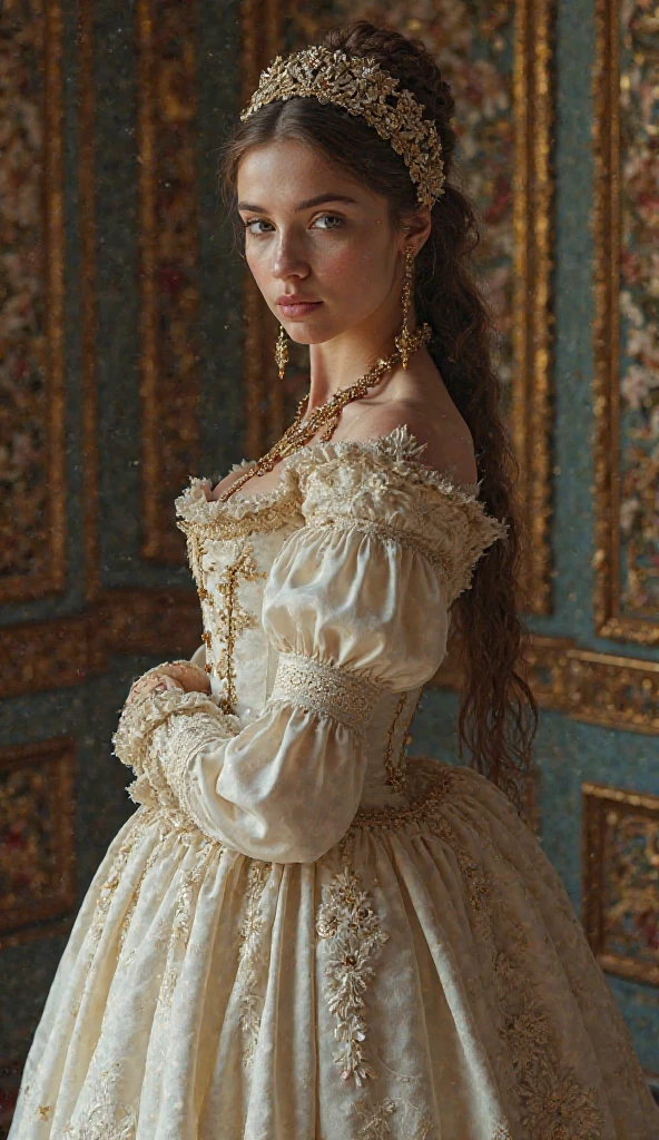 In the mid-16th century, the neckline disappeared and raised collars appeared. Shoes and fluffy skirts are in fashion; real fashionistas and fashionistas began to use perfume. Later, France begins to dictate fashion again. Laws of beauty appear, and the whole world follows the example of French women. The first editions of style and fashion appear. In the 18th and 19th centuries, fashion included: front sights, wigs, women's corsets, and the Rococo style.full body photography, big breasts, very long eyelashes, long diamond earrings,  big diamond collar 