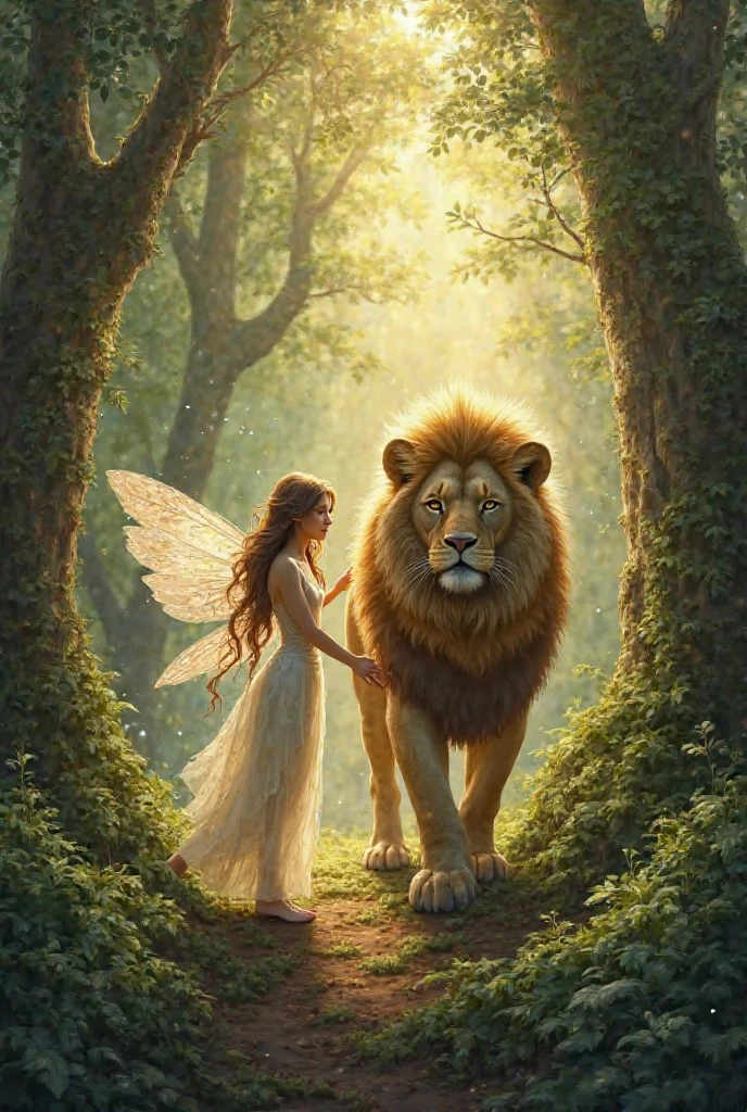 Create the image of three vampire fairies in a forest next to a lion
