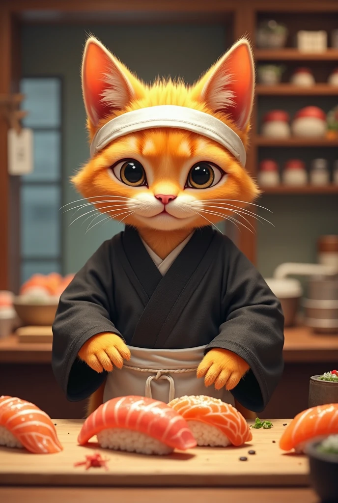 orange cat, dressed like a sushi master, standing like a human, he's cooking sushi, in a sushi restaurant, behind the counter of the restaurant