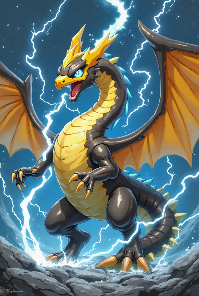 ((drawn by wadorigi on Twitter)(realistic dragon with wings and horns)), bipedal, male proportions, big, muscled, wearing pampers disposable soggy diaper with yellow lightning shaped symbol, throwing cyan lightnings from claws, Kung fu pose, surrounded by lightnings, surrounded electricity, dark clouds, in cruise, ocean