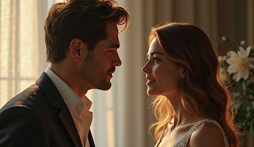 um close up de um homem com uma mulher juntos, estilo artistas de hollywood, contato visual, classical realism, 8k cinematic