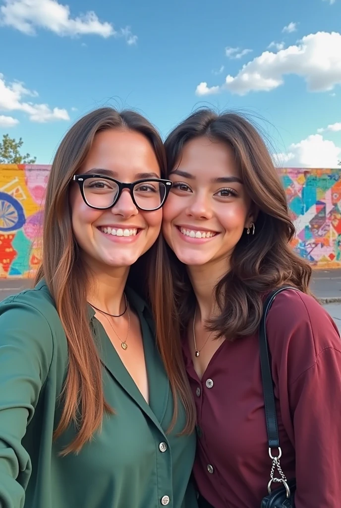A realistic photo of two sisters in selfie style photography, one of them has short, dark brown hair, she wears glasses and uses red lipstick on her lips. She wears her hair tied in a ponytail,  medium and light brown hair. She wears sunglasses and the background of the image is the Rio Negro, Manaus part,  no Amazonia. This realistic photo was taken on the Rio Negro Bridge in the city of Manaus, Amazonia. 