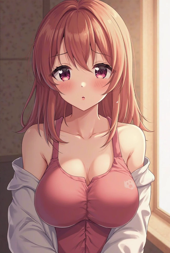 mastute piece,Best Quality,insanely detailed,8k cg,nsfw,
shoot upper body,(body in front:1.1),1girl,standing,looking at viewer,(pink sweater),BREAK,blush,shy,ecstasy face,gasping,(trembling:1.2),red hair,break,open mouth,large breast,(in bedroom),