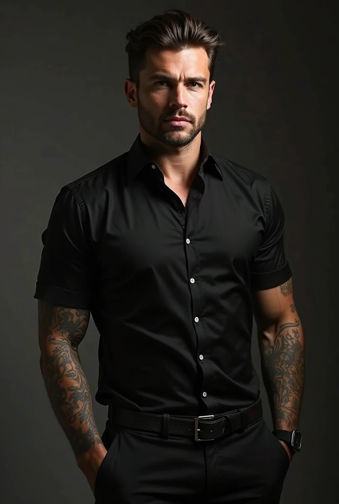 Handsome boy, 20-year-old, Big eyes, Square face, Short black hair, Muscular, Neck tattoo, Wearing a black suit and shirt, Wealthy middle-aged businessman, Round face, a little bald, Two handshake cooperation, Highest quality, masterpiece, masterpiece
