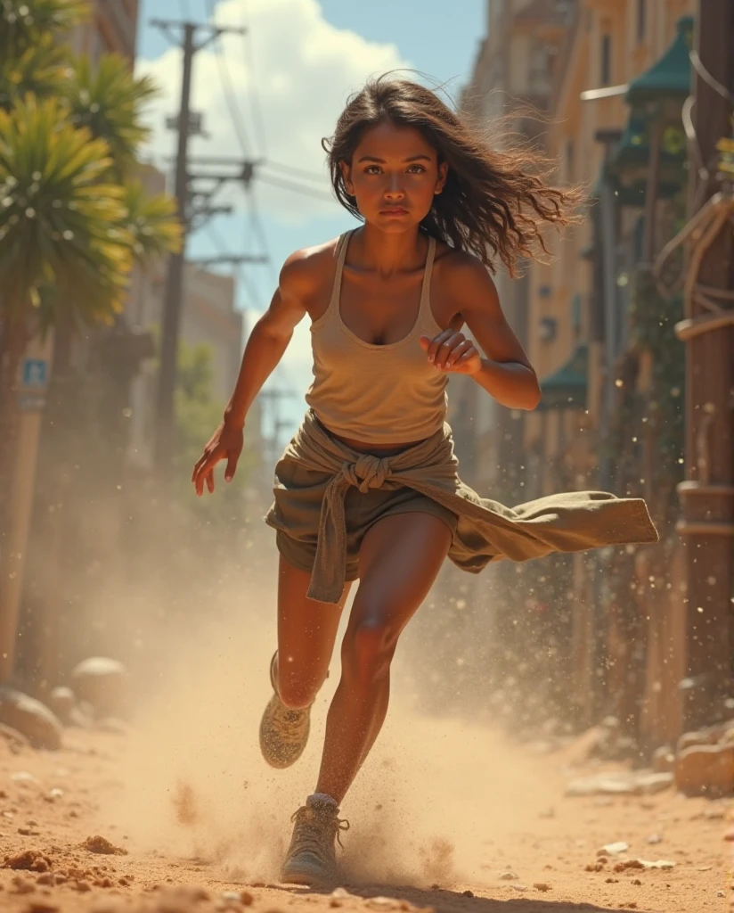 A wild girl, dressed in jungle clothes, is running through the city