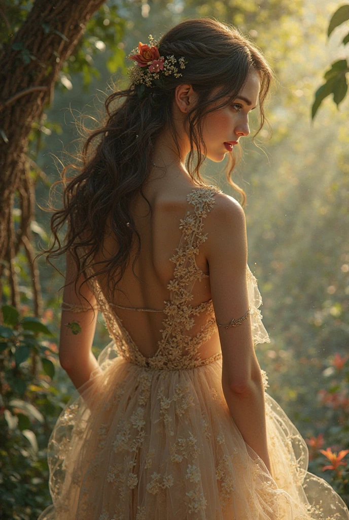 a beautiful girl goddess, close up surrounded by flowers, in a floral garden, long blown hair, gold and crystals dress, dress with crystals, soft face, full lips, soft light, floral arch background, garden background, magical scenery, best quality