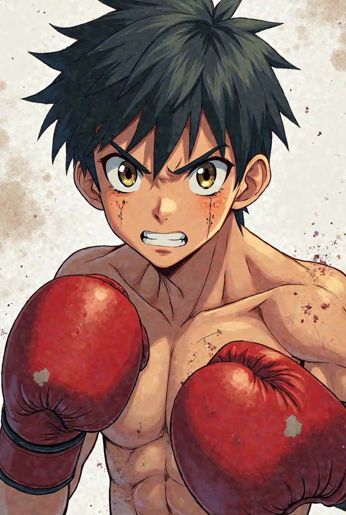 Korean boy boxer, anime styling, wearing no shirt, pubic hair on display, blood in mouth