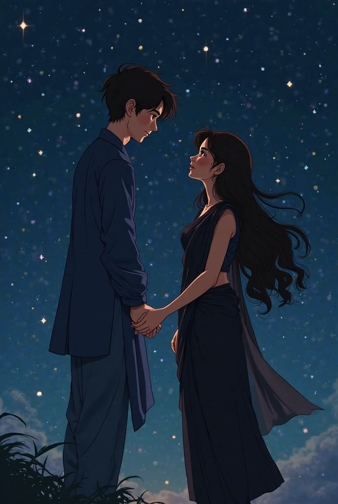 Album Cover Design Ideas:
1. Background with: Choose a dark night sky as the background. Painting a beautiful night landscape with twinkling stars.

2. The central figure: Draw a man and a woman with their hands together looking up at the sky. They look at each other and smile warmly.

3. Emotes: The eyes of men and women reflect emotions of emotion and happiness. In addition, The male holds the woman's hand, indicating that they are connected and dependent on each other.

4. concept: This album is an album focused on love and gratitude., The design emphasizes the relationship between two people who support and understand each other. The beauty of the stars and the night symbolizes their love and hope for the future.