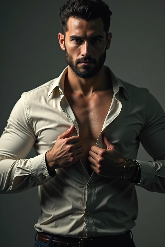 A man doubling over with a half open satin shirt, front view, showing his collar bones 